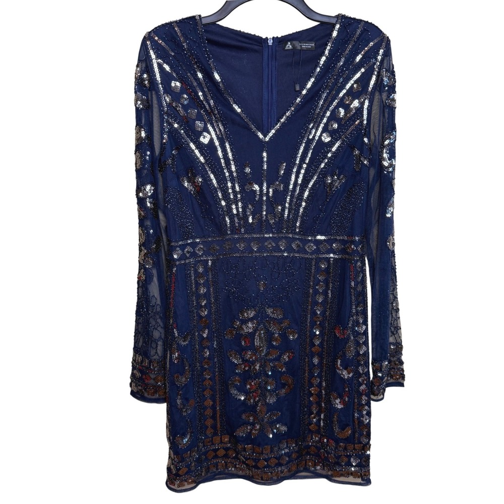 Anewsta Sequin Beaded Cocktail Dress Navy Blue Size Large Gatsby Party Holiday